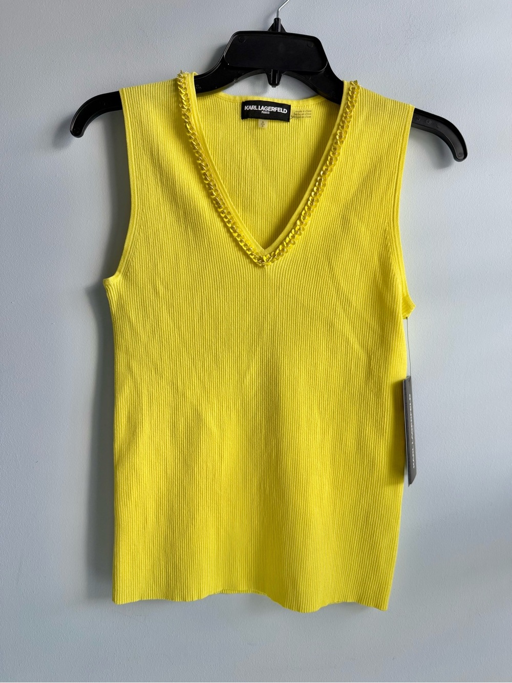 KARL LAGERFELD PARIS Women’s Yellow Sequence Trim Ribbed Tank Top Size Small